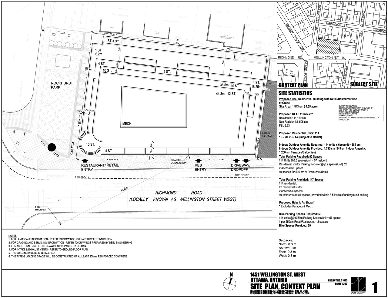 Construction site plan for project from page 1 of the file 'D01-01-13-0019 Site Plan, Floor Plans, Elevations - Revised April 2014'