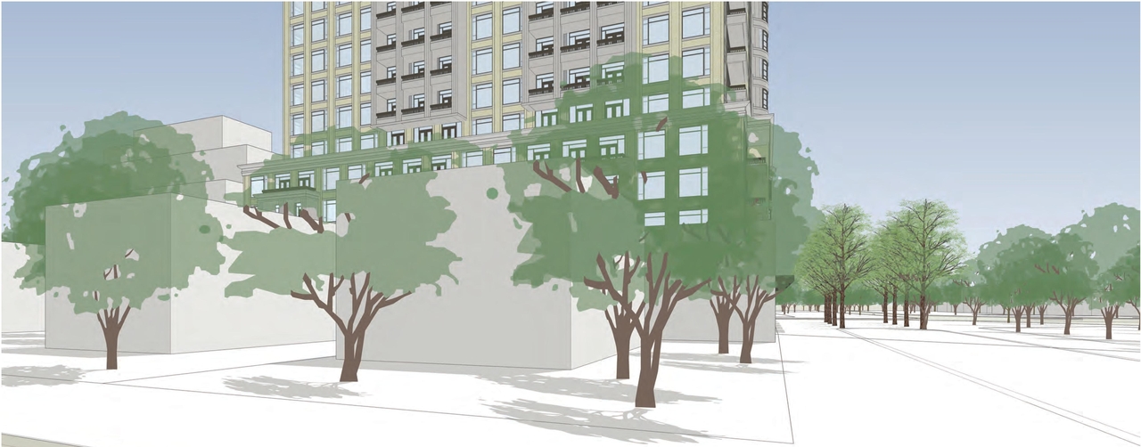 Rendering of building from page 6 of the file 'D01-01-13-0019 Perspective Views - April 2014'