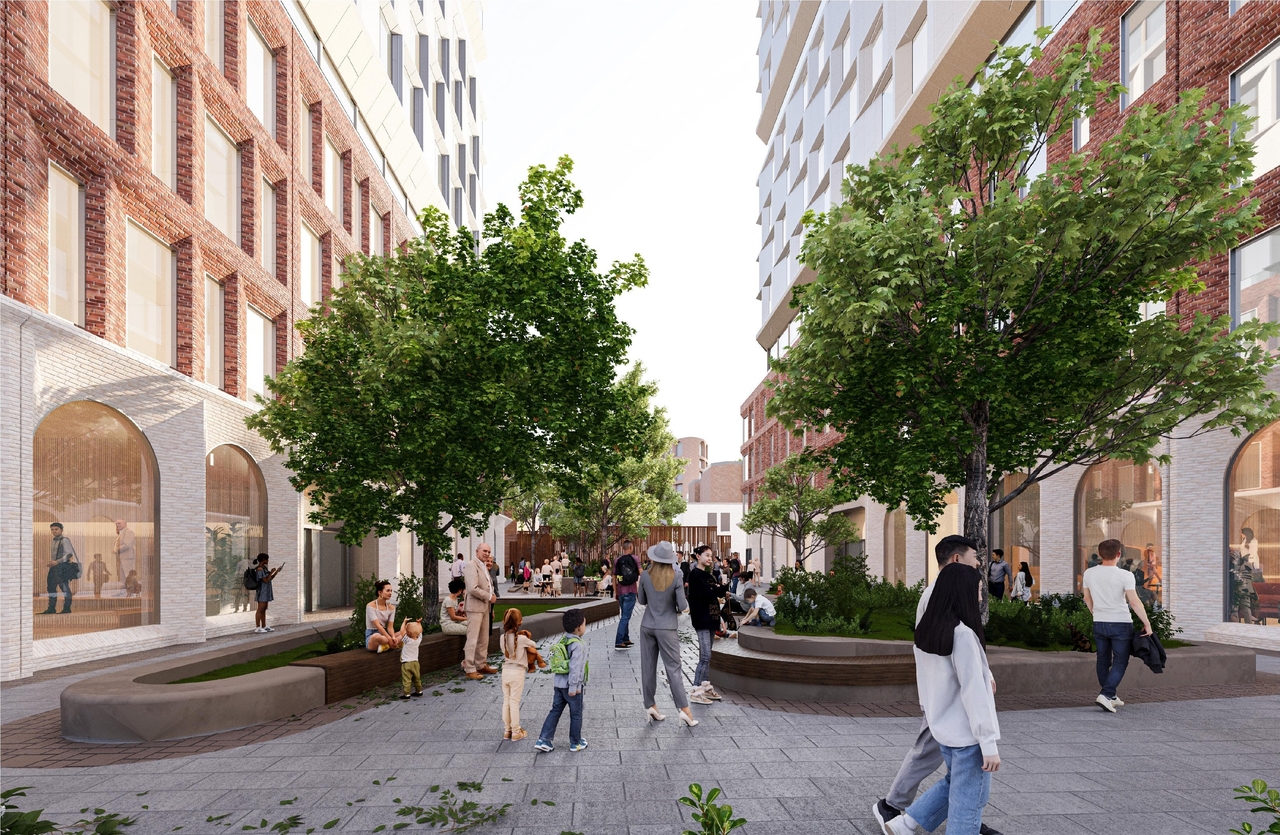 Rendering of building from page 10 of the file '2025-09-03 - SDRP Design Brief - Package 3 - D01-01-20-0019'