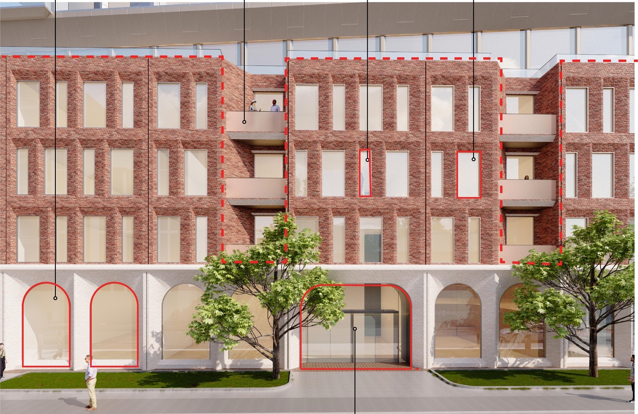 Rendering of building from page 24 of the file '2025-09-03 - SDRP Design Brief - Package 3 - D01-01-20-0019'