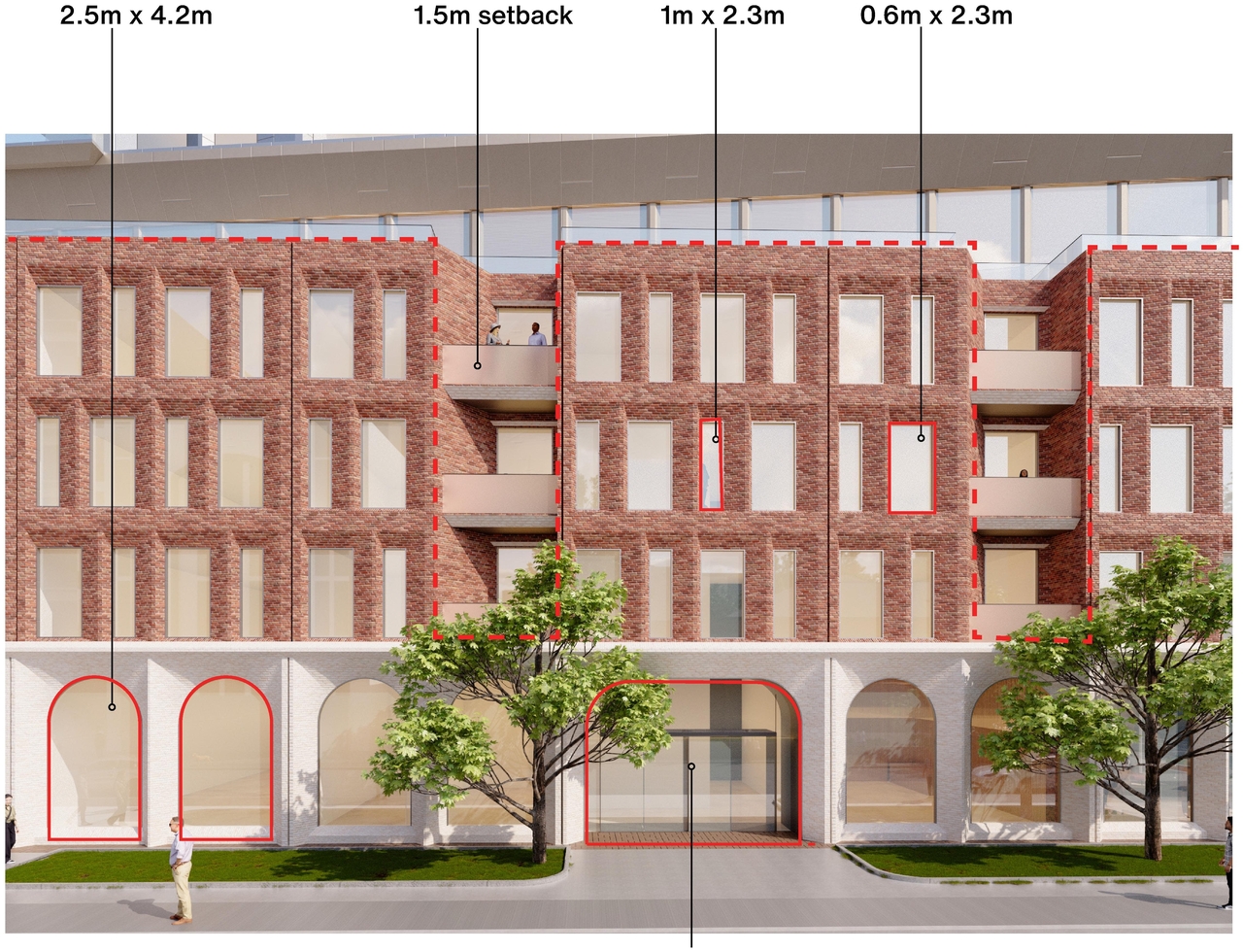 Rendering of building from page 24 of the file '2025-09-03 - SDRP Design Brief - Package 3 - D01-01-20-0019'
