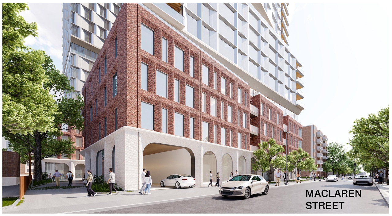 Rendering of building from page 25 of the file '2025-09-03 - SDRP Design Brief - Package 3 - D01-01-20-0019'