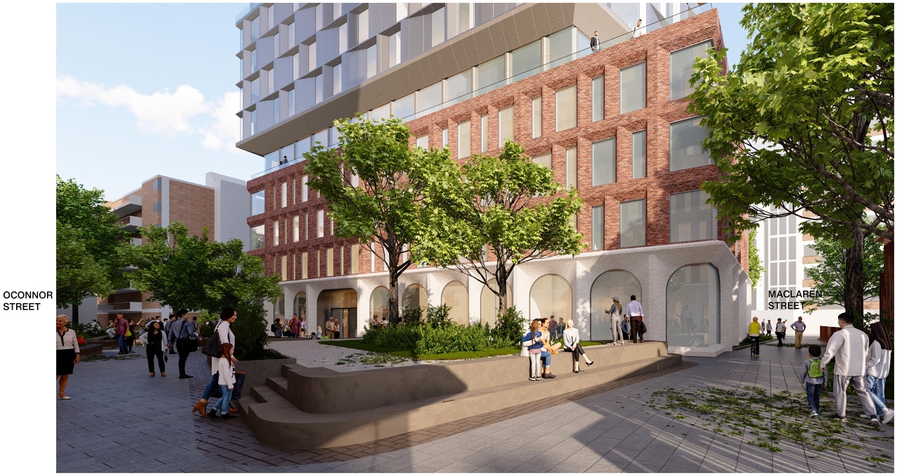 Rendering of building from page 33 of the file '2025-09-03 - SDRP Design Brief - Package 3 - D01-01-20-0019'