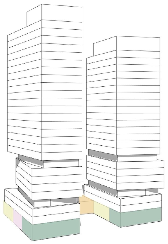 Rendering of building from page 48 of the file '2025-02-24 - Design Brief - D01-01-20-0019 & D02-02-20-0101'