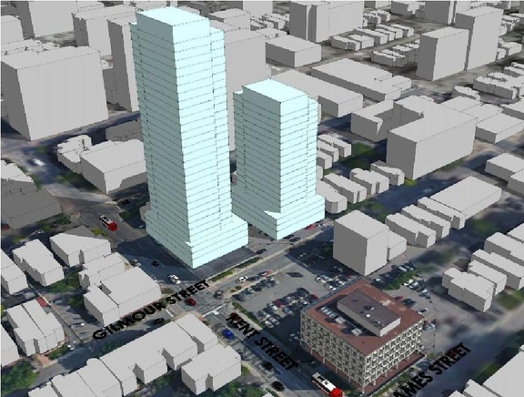 Rendering of building from page 13 of the file '2023-08-01 - Design Brief Revision No 2 - D01-01-21-0015'