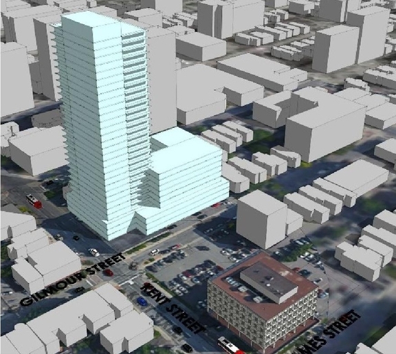 Rendering of building from page 13 of the file '2023-08-01 - Design Brief Revision No 2 - D01-01-21-0015'