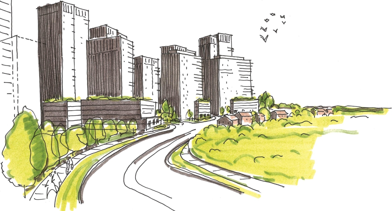 Rendering of building from page 31 of the file '2023-06-20 - City Park revised design brief - D01-01-23-0005'