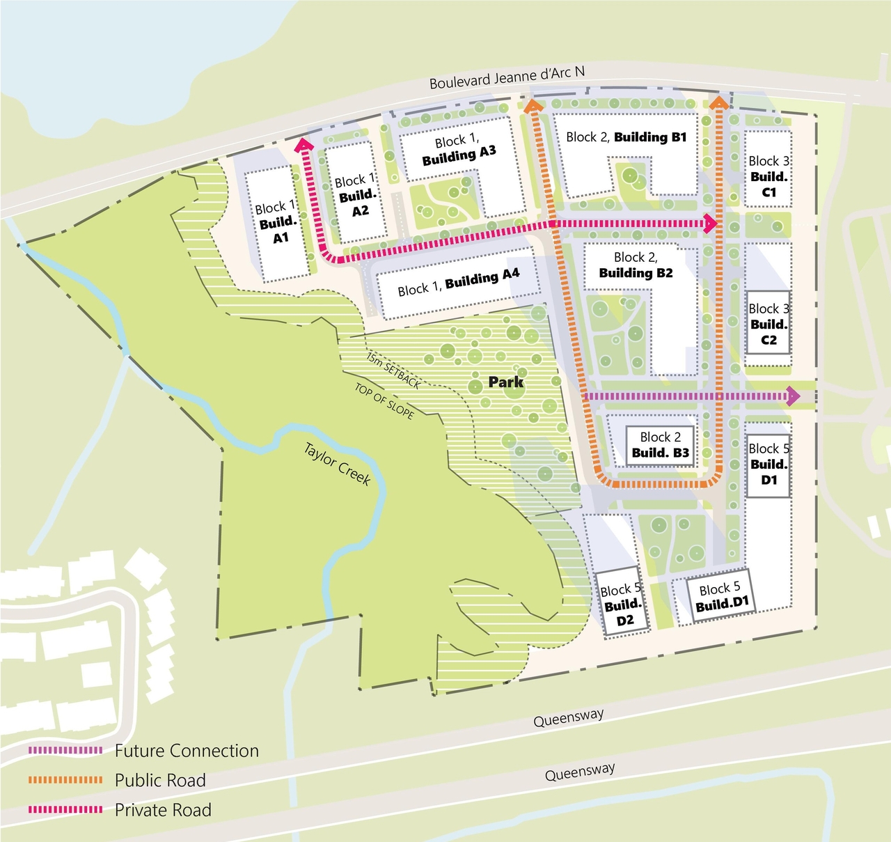 Construction site plan for project from page 8 of the file '2023-12-28 - Petrie Landing III Design Brief - D01-01-23-0018'