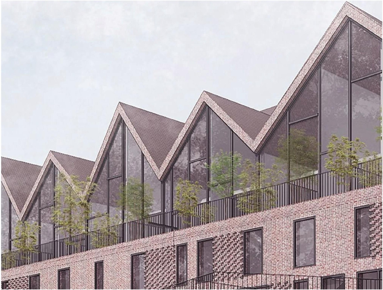 Rendering of building from page 40 of the file '2025-12-19 - Architectural & Urban Design Brief - D01-01-25-0026 & D02-02-25-0099'