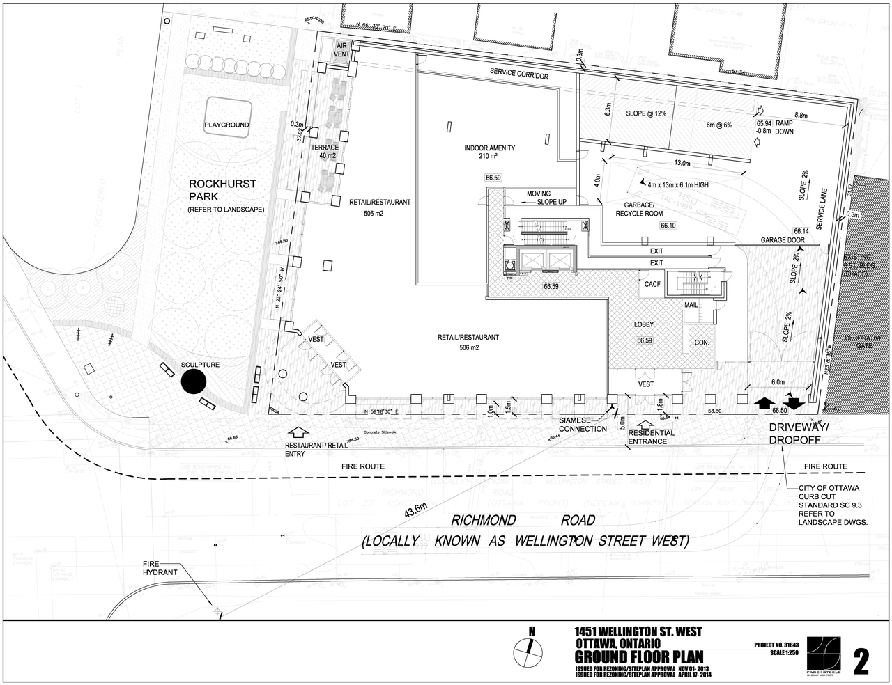 Construction site plan for project from page 2 of the file 'D02-02-13-0116 Site Plan, Floor Plans, Elevations - Revised April 2014'