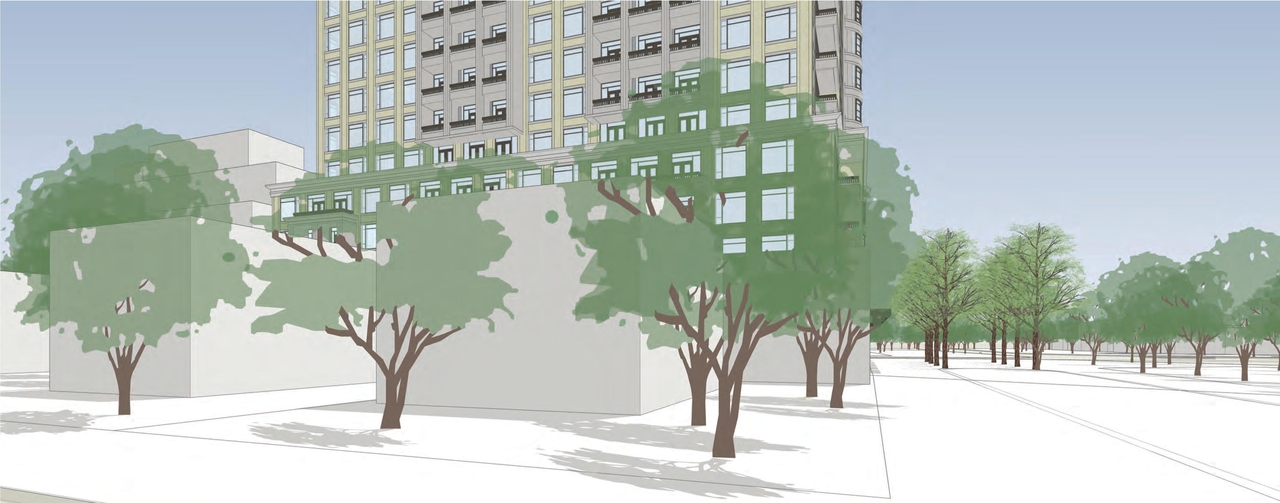 Rendering of building from page 6 of the file 'D02-02-13-0116 Perspective Views - April 2014'