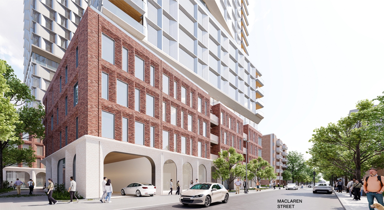 Rendering of building from page 30 of the file '2025-09-03 - SDRP Design Brief - Package 3 - D02-02-20-0101'