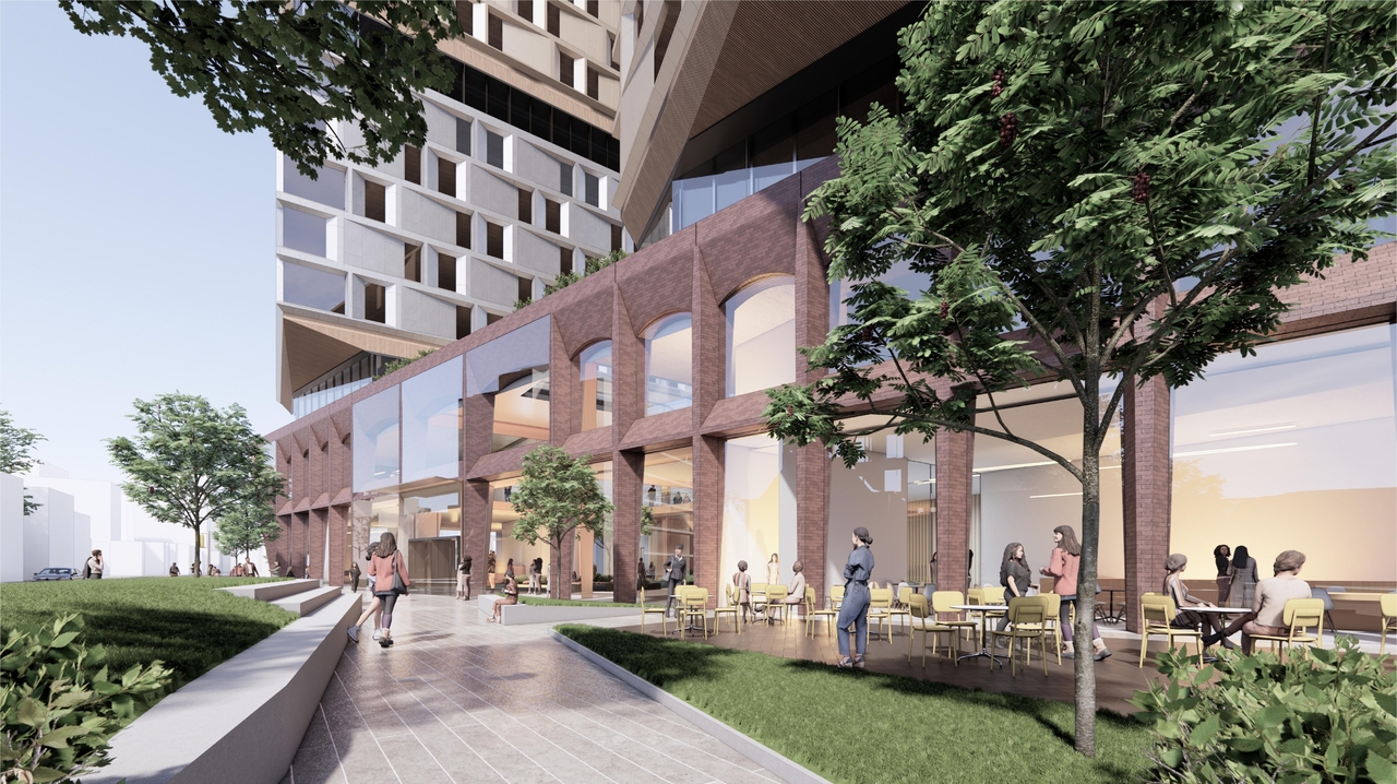 Rendering of building from page 31 of the file '2024-05-07 - Special Design Review Panel Presentation - D02-02-20-0101'