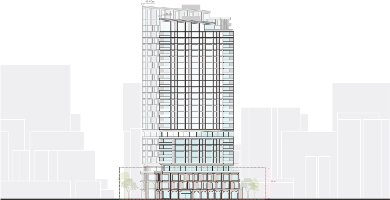 Rendering of building from page 65 of the file '2025-02-24 - Design Brief - D01-01-20-0019 & D02-02-20-0101'