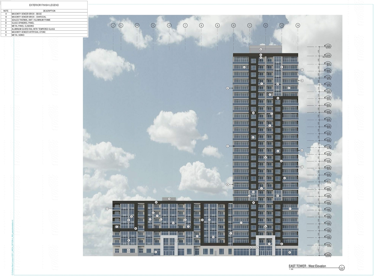 Rendering of building from page 24 of the file '2021-05-27 - Applicant Urban Design Review Panel Presentation - D02-02-21-0009'