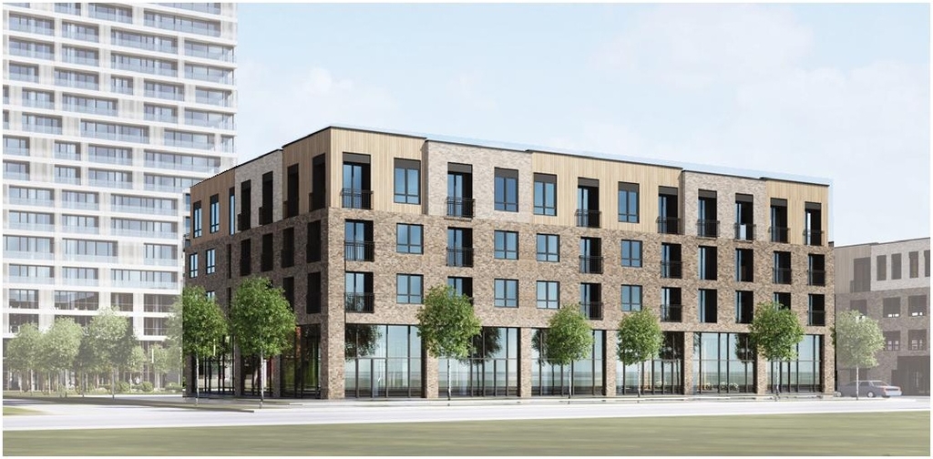 Rendering of building from page 19 of the file '2022-08-05 - Design Brief - D02-02-21-0057'