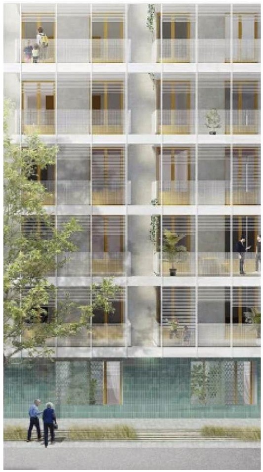 Rendering of building from page 23 of the file '2022-08-05 - Design Brief - D02-02-21-0057'