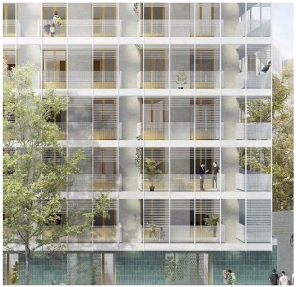 Rendering of building from page 25 of the file '2022-08-05 - Design Brief - D02-02-21-0057'