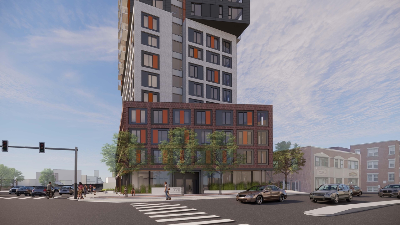 Rendering of building from page 1 of the file '2021-07-19- Rendering VIEW LOOKING WEST - D02-02-21-0068'