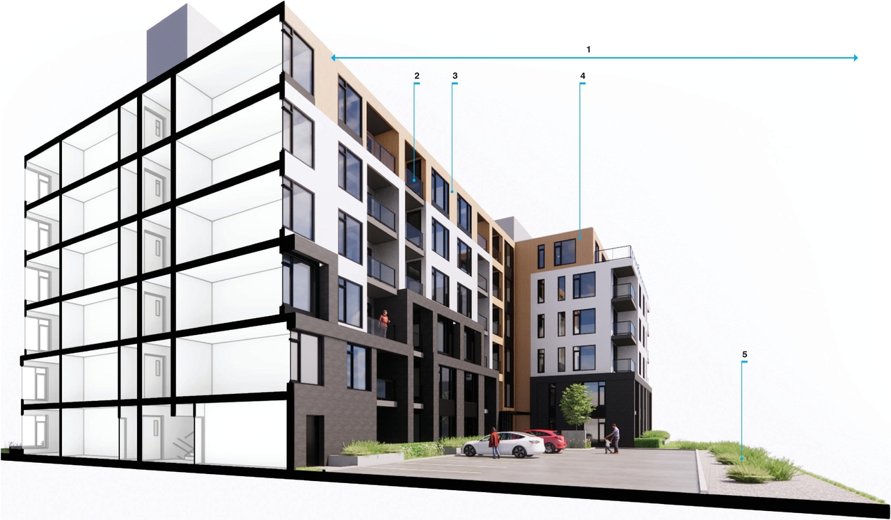 Rendering of building from page 6 of the file '2022-12-21 - Design Brief - D02-02-21-0082'