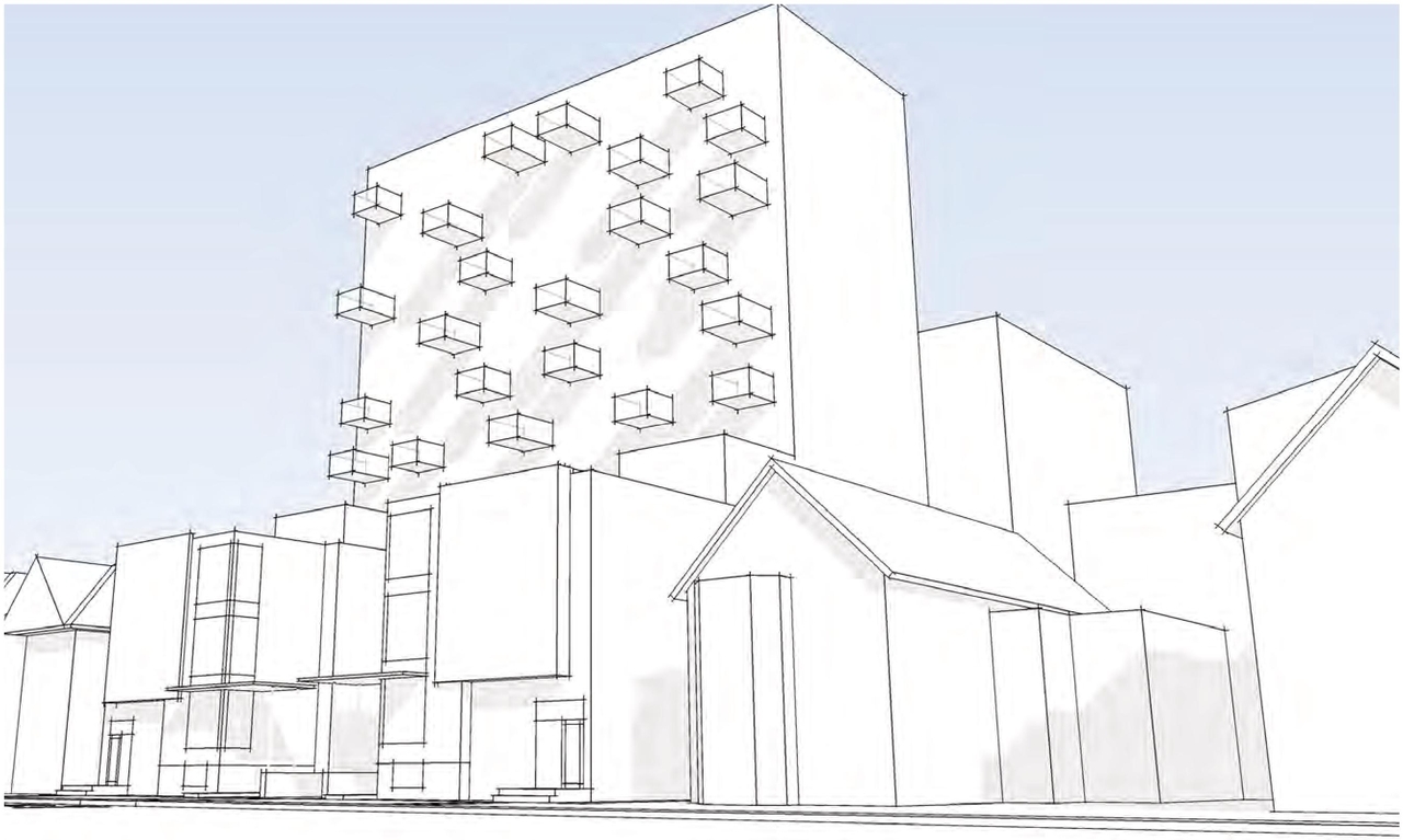 Rendering of building from page 18 of the file '2021-08-19 - Architectural Package and Design Brief - D02-02-21-0084'