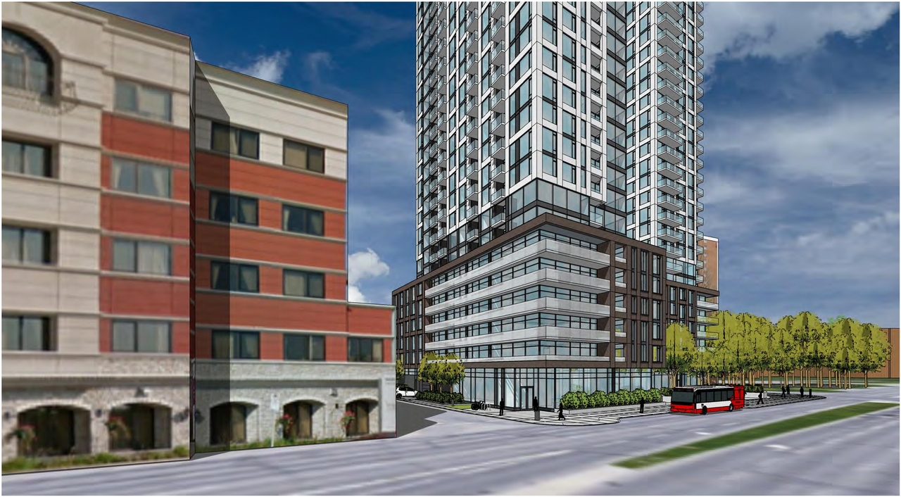 Rendering of building from page 1 of the file '2021-09-29 - Revised Building Views - D02-02-21-0093'