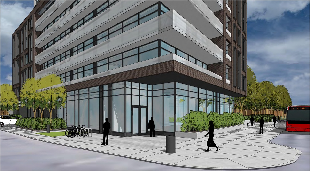 Rendering of building from page 2 of the file '2021-09-29 - Revised Building Views - D02-02-21-0093'