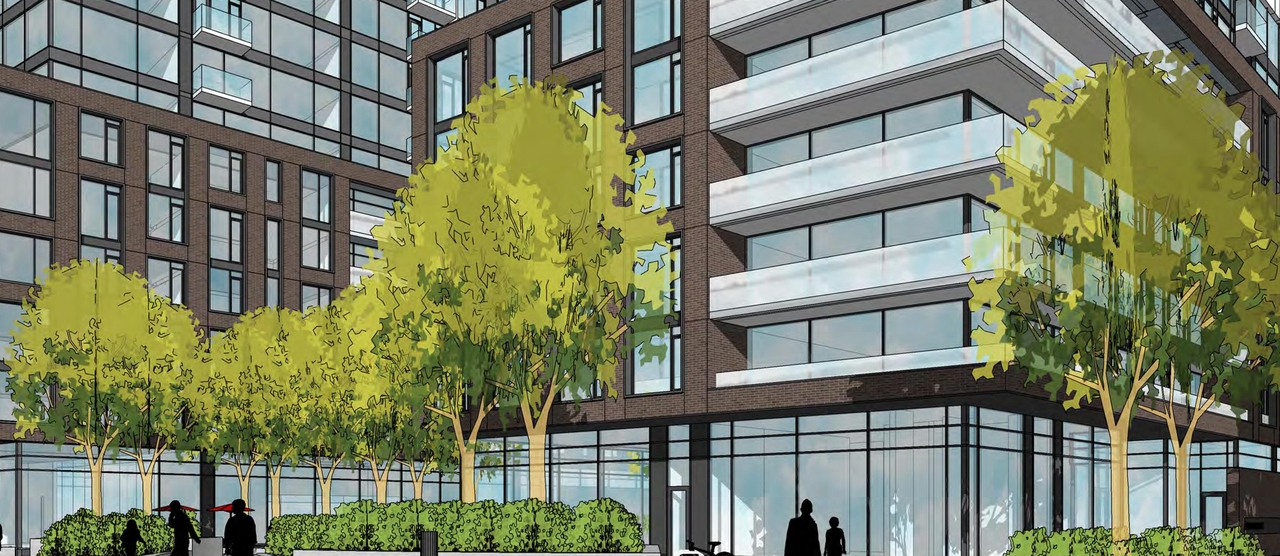 Rendering of building from page 4 of the file '2021-09-29 - Revised Building Views - D02-02-21-0093'