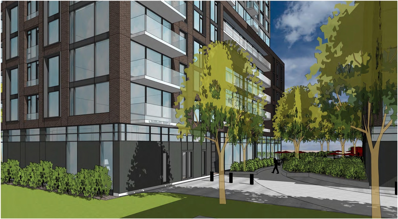 Rendering of building from page 6 of the file '2021-09-29 - Revised Building Views - D02-02-21-0093'