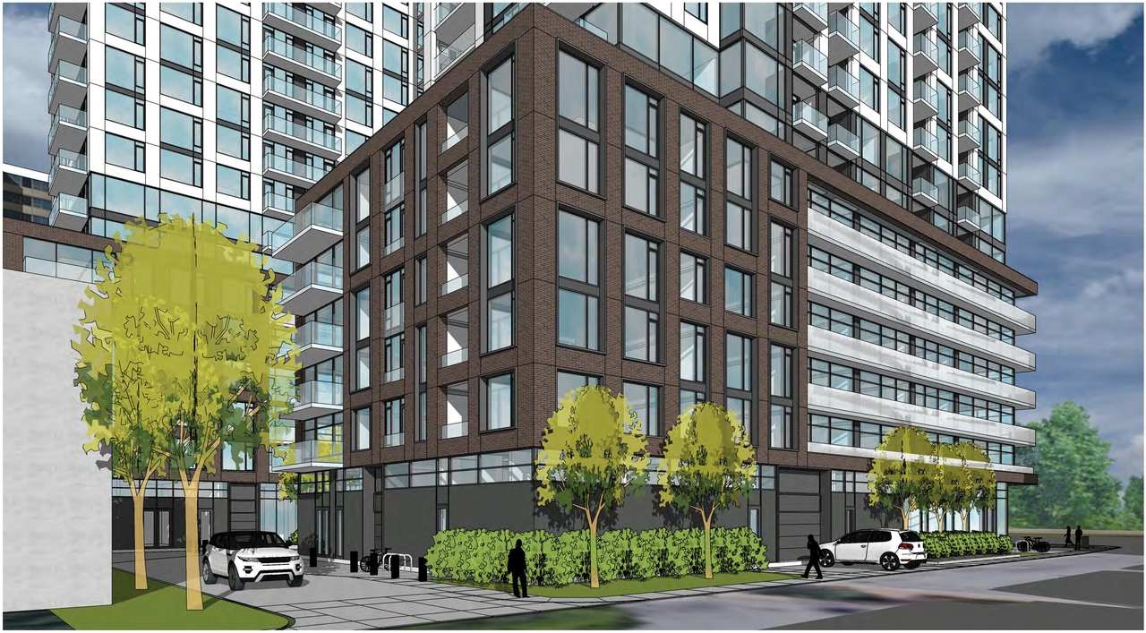 Rendering of building from page 7 of the file '2021-09-29 - Revised Building Views - D02-02-21-0093'