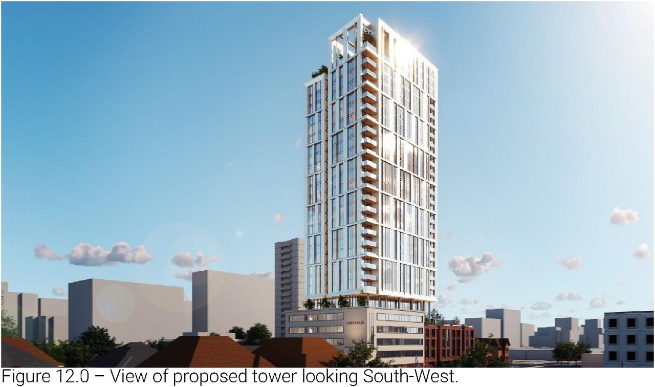 Rendering of building from page 8 of the file '2023-08-01 - Design Brief Revision No 2 - D02-02-21-0095'