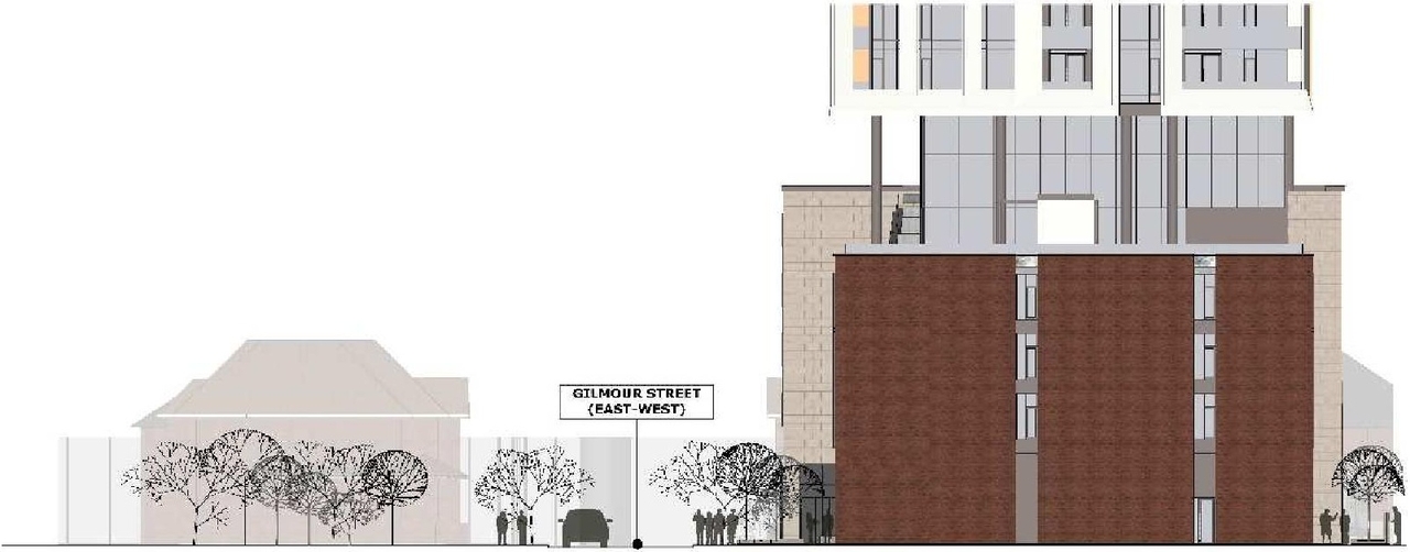 Rendering of building from page 10 of the file '2023-08-01 - Design Brief Revision No 2 - D02-02-21-0095'