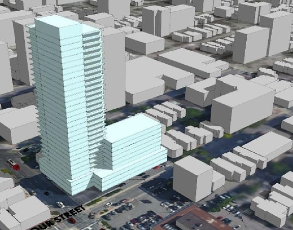 Rendering of building from page 13 of the file '2023-08-01 - Design Brief Revision No 2 - D02-02-21-0095'