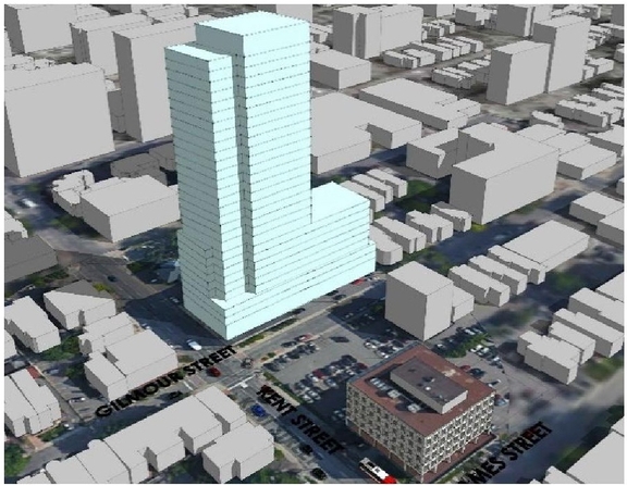 Rendering of building from page 13 of the file '2023-08-01 - Design Brief Revision No 2 - D02-02-21-0095'