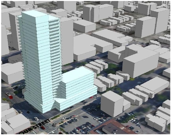 Rendering of building from page 13 of the file '2023-08-01 - Design Brief Revision No 2 - D02-02-21-0095'