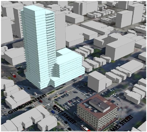 Rendering of building from page 13 of the file '2023-08-01 - Design Brief Revision No 2 - D02-02-21-0095'