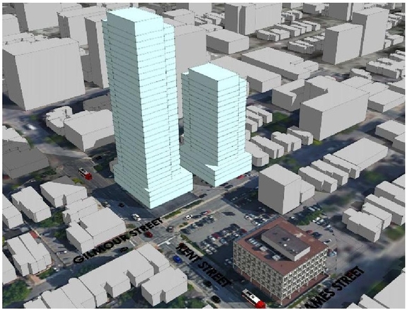 Rendering of building from page 13 of the file '2023-08-01 - Design Brief Revision No 2 - D02-02-21-0095'