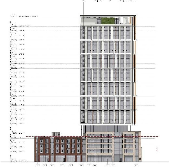 Rendering of building from page 15 of the file '2023-08-01 - Design Brief Revision No 2 - D02-02-21-0095'