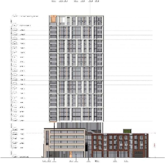 Rendering of building from page 15 of the file '2023-08-01 - Design Brief Revision No 2 - D02-02-21-0095'