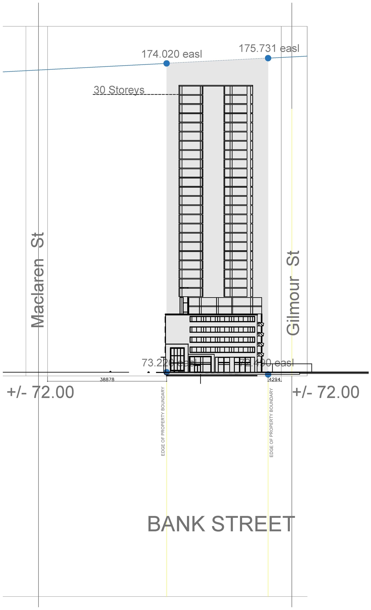 Rendering of building from page 1 of the file '2023-03-20 - Permitted Height View Plane Diagram - D02-02-21-0095'