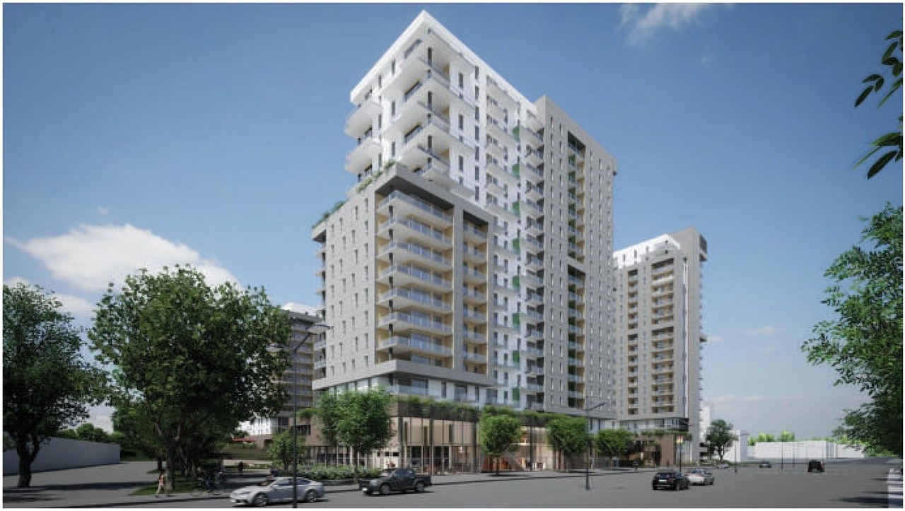 Rendering of building from page 7 of the file '2023-10-13 - Design Brief - D02-02-21-0137'
