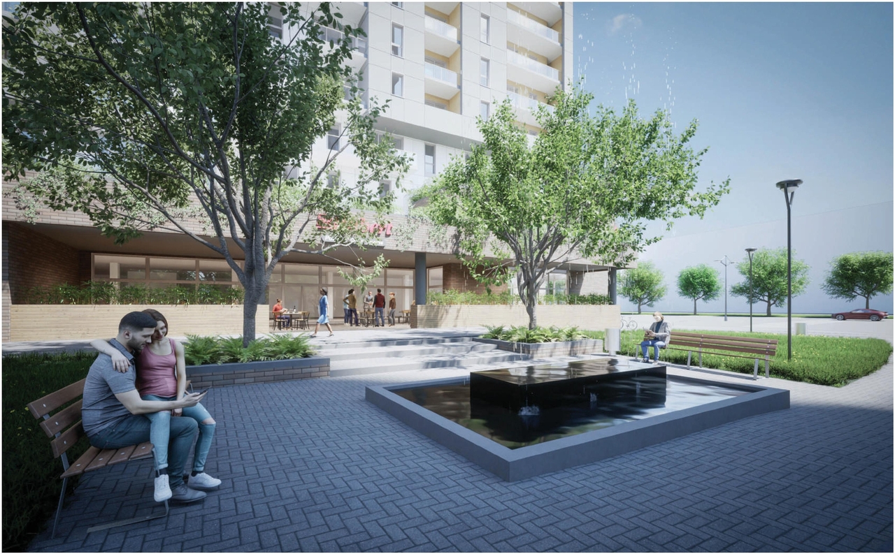 Rendering of building from page 85 of the file '2023-10-13 - Design Brief - D02-02-21-0137'