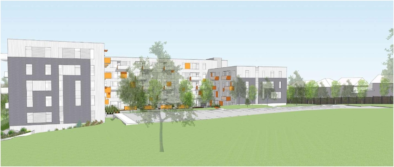 Rendering of building from page 7 of the file '2024-05-03 - Urban Design Brief - D02-02-21-0140'