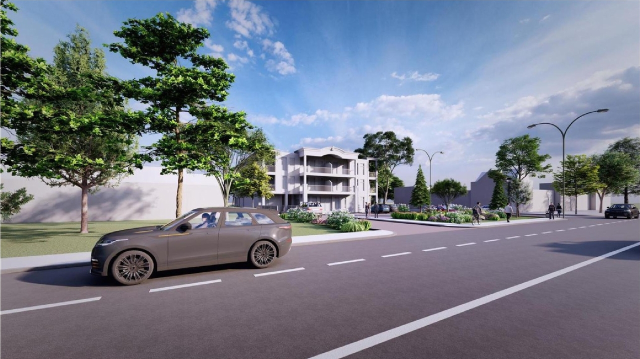 Rendering of building from page 14 of the file '2023-01-06 - Design Brief - D02-02-21-0150'