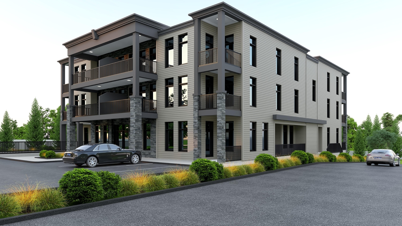 Rendering of building from page 1 of the file '2023-07-21 - Exterior Renders - D02-02-21-0150'