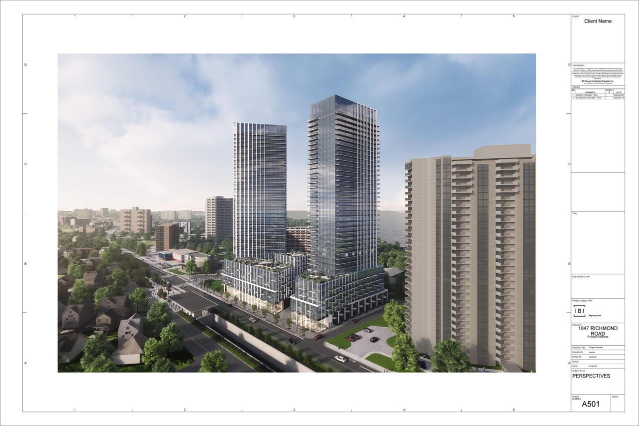 Rendering of building from page 9 of the file '2023-07-25 - Elevations, Sections, & Perspectives - D02-02-22-0012'
