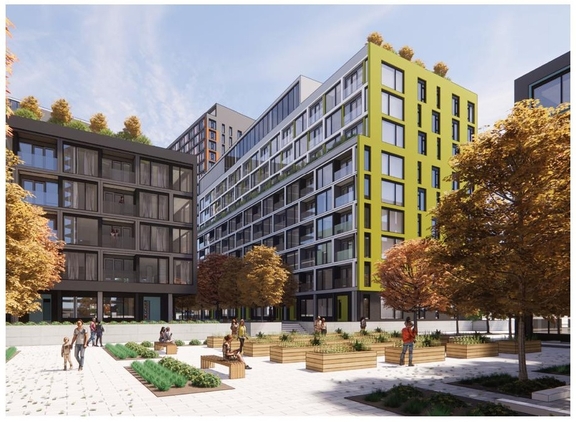 Rendering of building from page 9 of the file '2024-06-18 - Design Brief Revision - D02-02-22-0038'