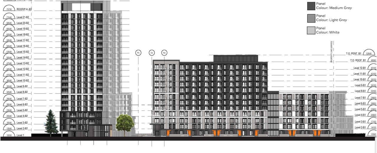 Rendering of building from page 43 of the file '2024-06-18 - Design Brief Revision - D02-02-22-0038'