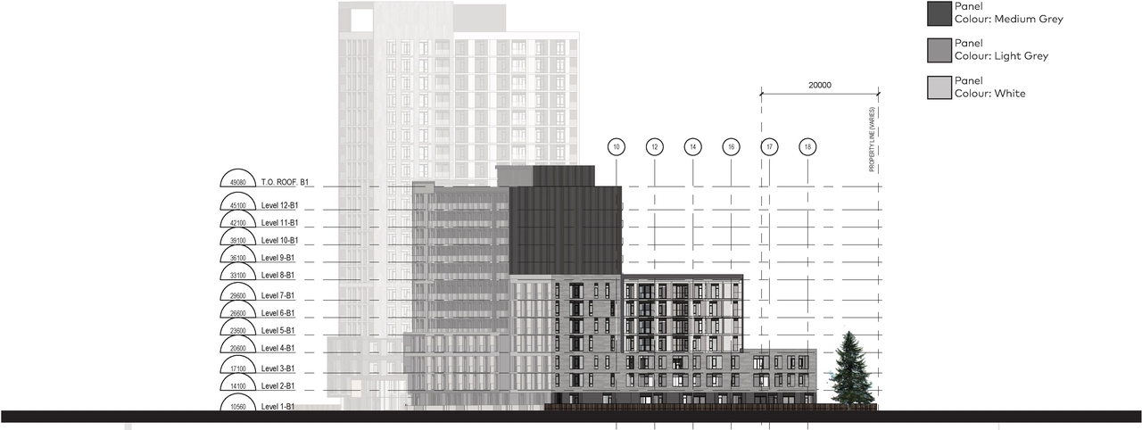 Rendering of building from page 44 of the file '2024-06-18 - Design Brief Revision - D02-02-22-0038'