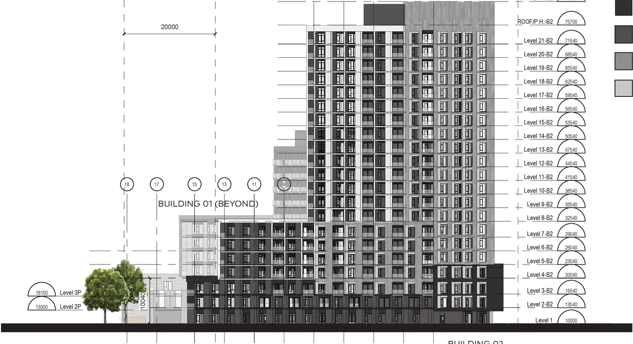 Rendering of building from page 46 of the file '2024-06-18 - Design Brief Revision - D02-02-22-0038'